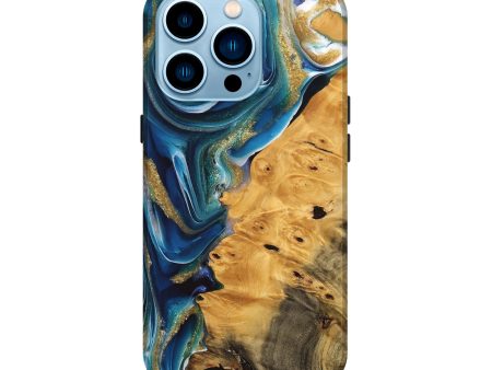 iPhone 14 Pro Wood Live Edge Phone Case - Emmet (Teal & Gold, 747204) Supply