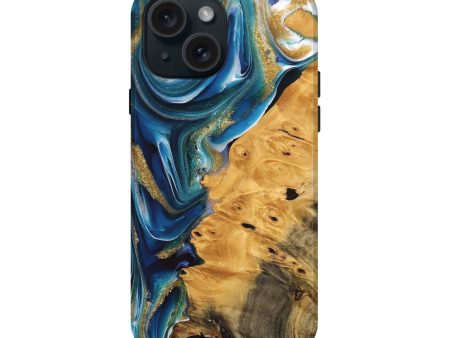 iPhone 15 Wood Live Edge Phone Case - Emmet (Teal & Gold, 747204) Hot on Sale